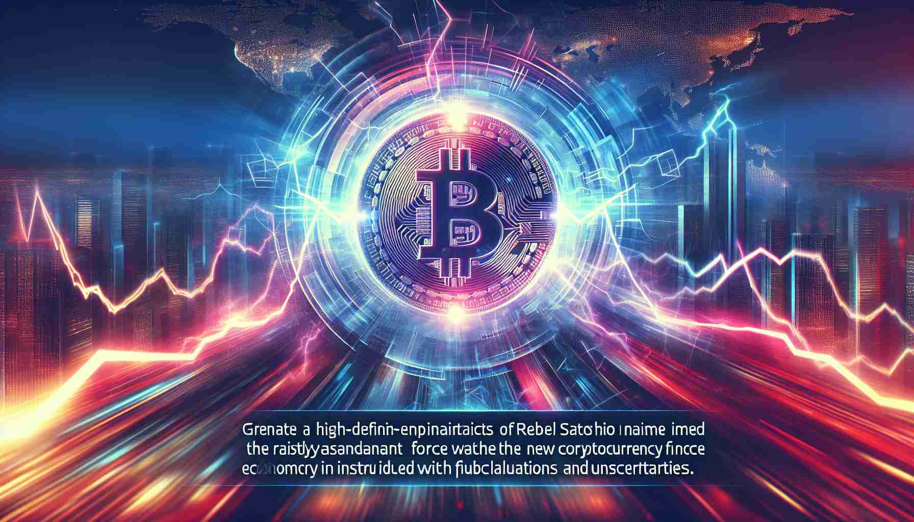 Generate a high-definition image emphasizing the futuristic aspects of a new cryptocurrency named Rebel Satoshi's RBLZ. Illustrate it as a rapidly ascendant force within an economy shrouded with fluctuations and uncertainties.