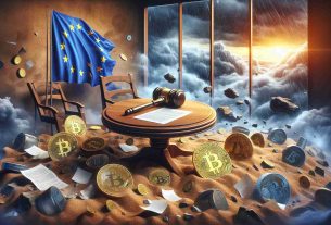 Realistic HD image of an allegorical scene reflecting the concept of the European Union introducing stringent regulations for cryptocurrency amid market chaos. Picture a round table with symbolic items, such as a gavel for legislation, bitcoin symbols on unstable sands to suggest volatility, and a EU flag somewhere in the backdrop. Add elements of chaos such as scattered papers, and a stormy sky visible through a nearby window, to represent the tumultuous market.