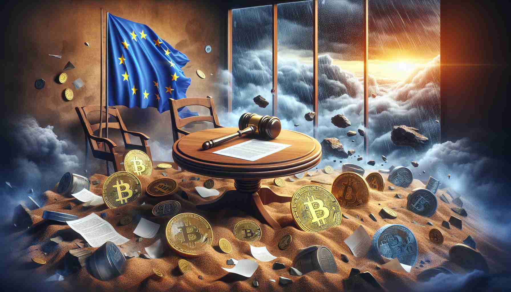 Realistic HD image of an allegorical scene reflecting the concept of the European Union introducing stringent regulations for cryptocurrency amid market chaos. Picture a round table with symbolic items, such as a gavel for legislation, bitcoin symbols on unstable sands to suggest volatility, and a EU flag somewhere in the backdrop. Add elements of chaos such as scattered papers, and a stormy sky visible through a nearby window, to represent the tumultuous market.