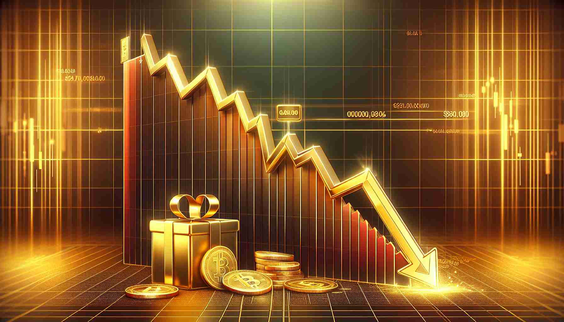 Visual representation of a golden opportunity concept in the context of a financial investment. Depict a graph showing a significant price drop, symbolizing a long-term investment scenario in cryptocurrency, specifically a technology not dissimilar to Polkadot. The graph descends steeply, indicating the price drop, then at the base of the drop, show a golden key or door to represent the opportunity for long-term investment. Please ensure high definition realist style.