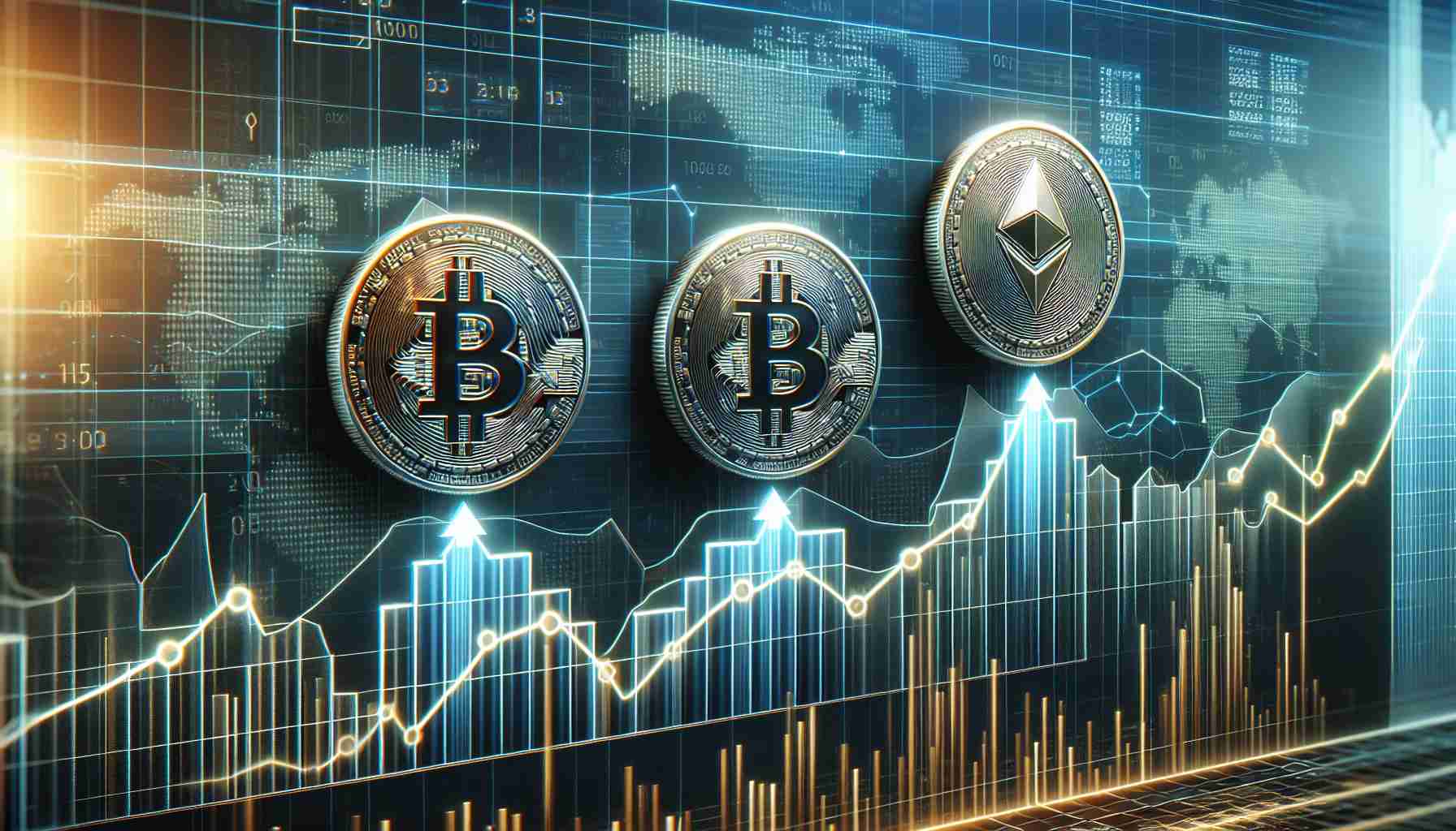 Create a high-definition, realistic image showcasing three digital cryptocurrencies, represented by their respective symbols, on an upward-moving graph to illustrate their potential positive trend according to market intelligence. Each coin has a distinct look and is situated on a segment of the graph to indicate its rise. The graph is against a backdrop of a dynamic digital interface that suggests data analysis and market information.