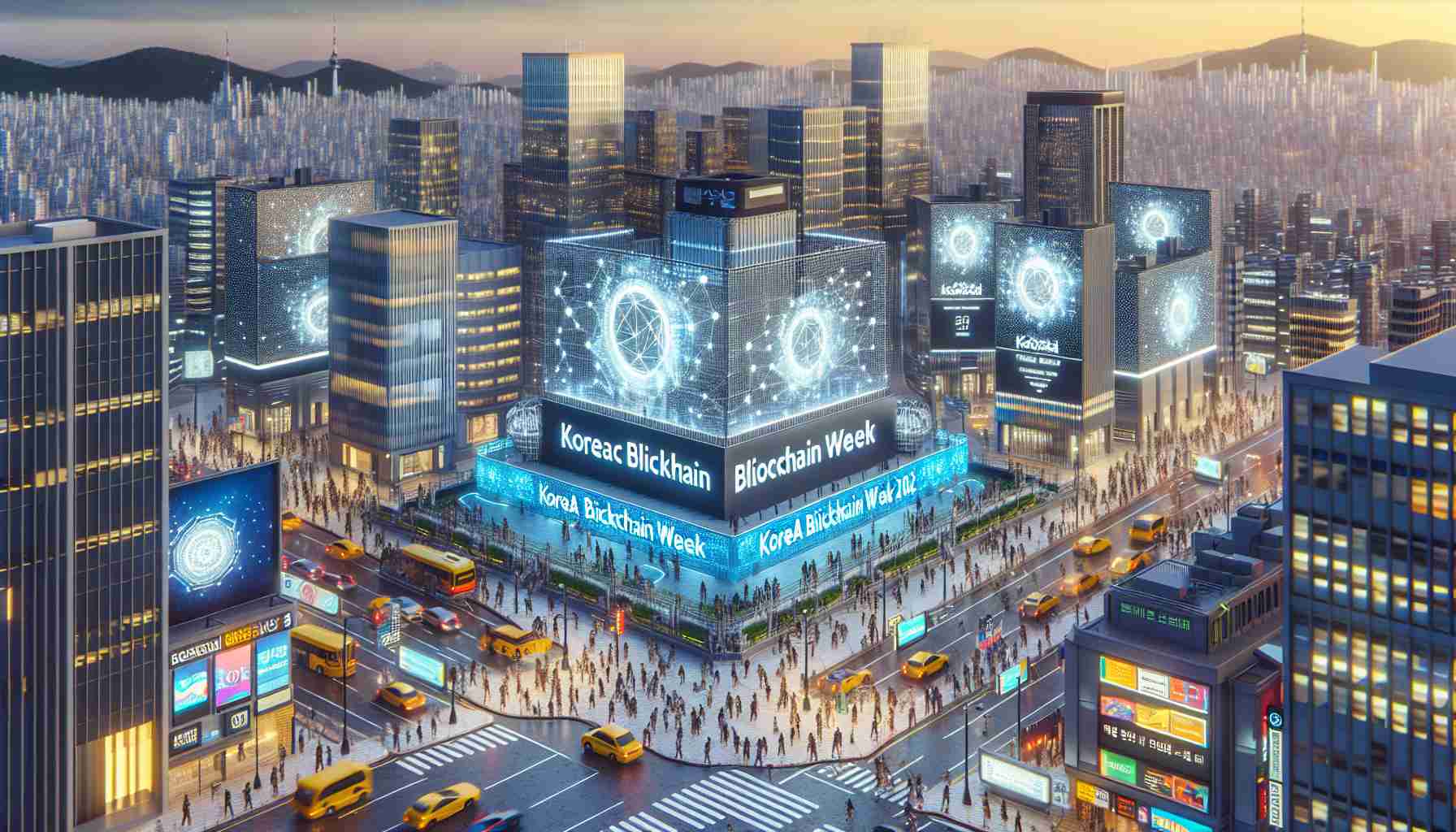 A highly detailed and realistic image representing preparation activities in Seoul, South Korea, for the eagerly awaited Korea Blockchain Week 2024. The scene should include cityscapes with modern skyscrapers, digital billboards showcasing blockchain-related promotions, people bustling with anticipation, hoardings announcing the event, and the intricate technology-themed decorative elements installed for the occasion.