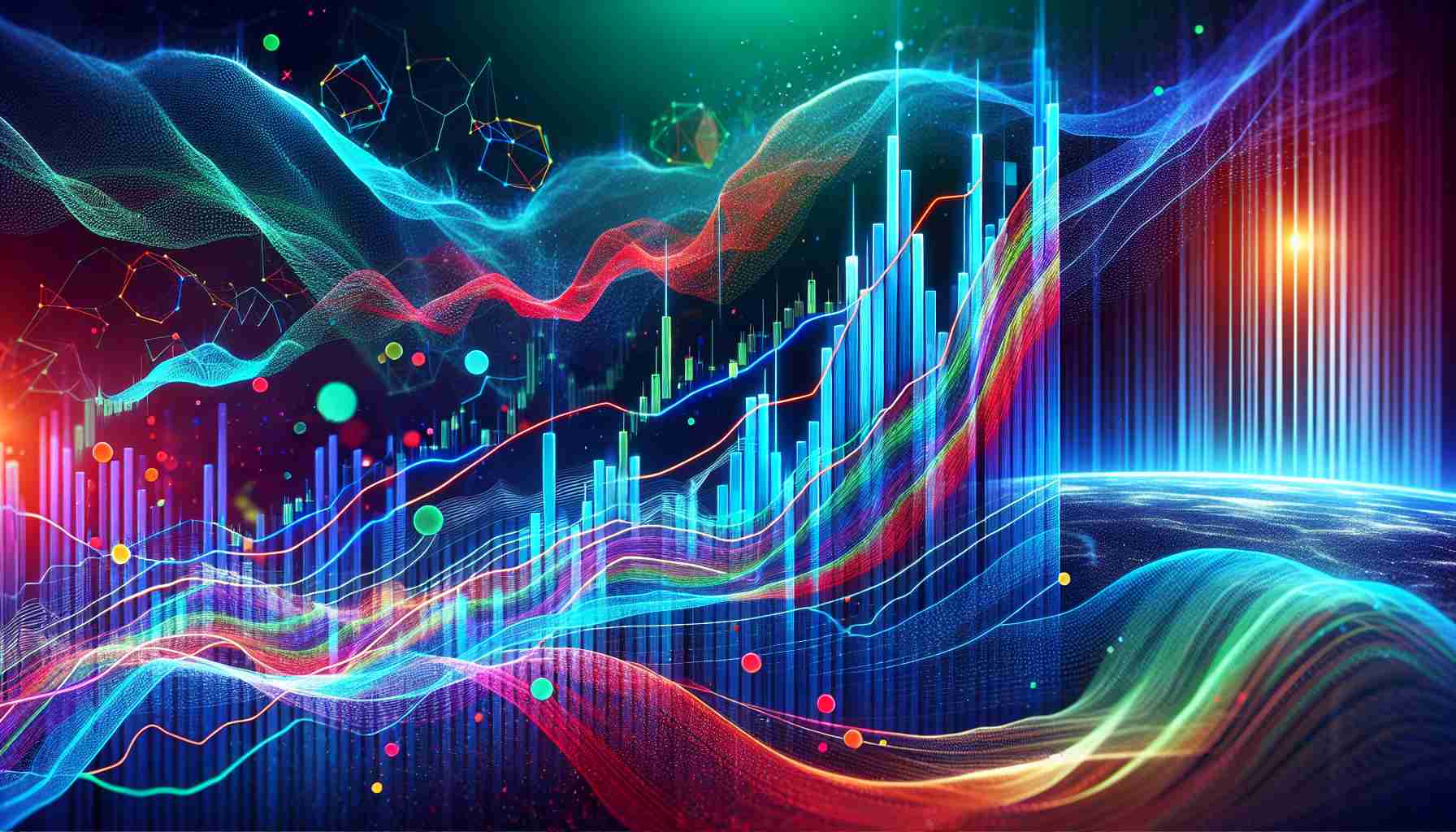 Create a high definition, realistic image of the positive price trajectory of the Polkadot cryptocurrency amidst the fluctuating swings of the market. This should take the form of a graph or chart showing the upward momentum of Polkadot, in contrast with the volatile nature of the broader cryptocurrency market. Use vivid colors to represent the various aspects of the graph, with blue for Polkadot's performance, and a mixture of reds and greens to illustrate the other market swings.