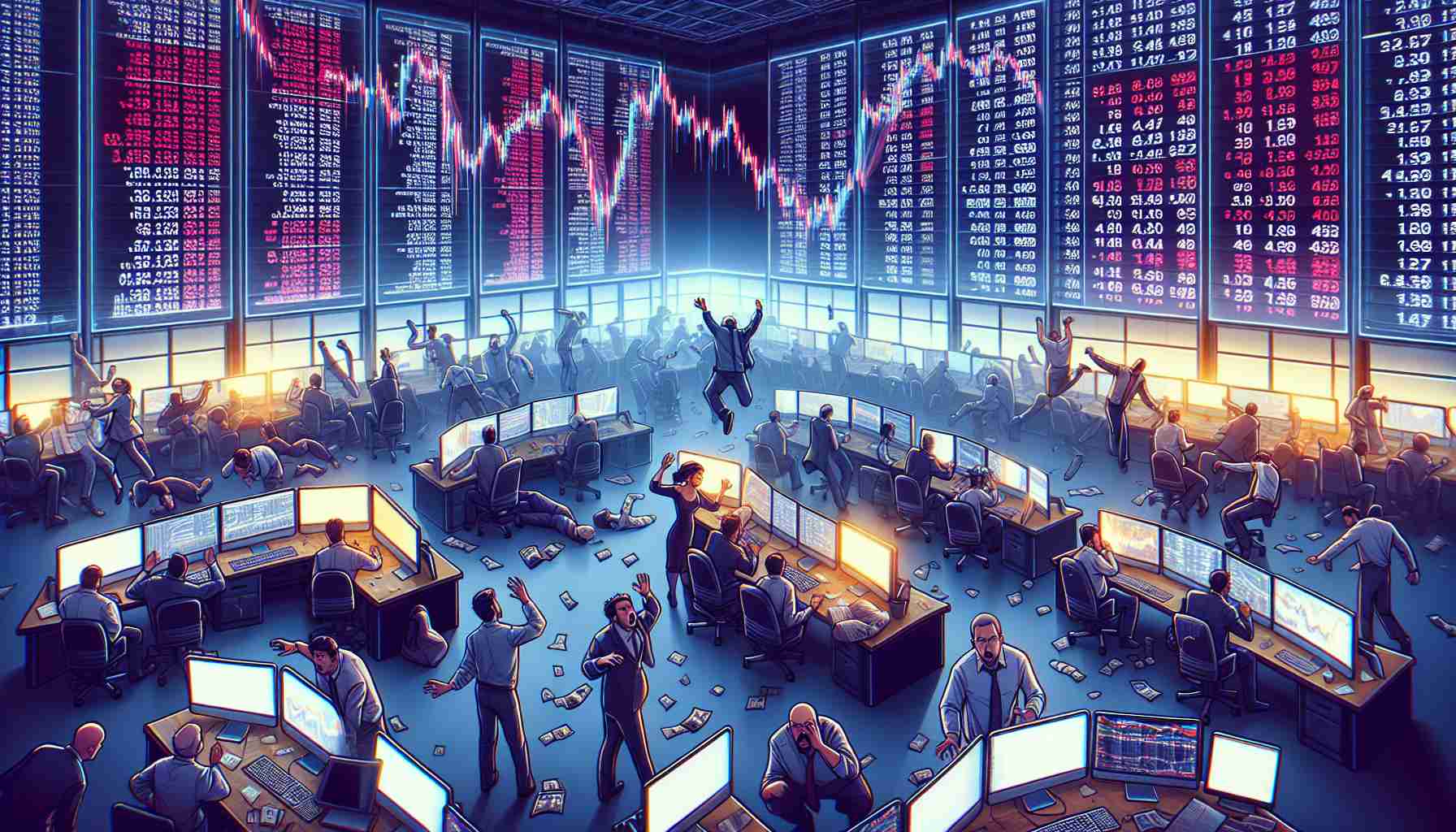 Create an image depicting a realistic high-definition scene of a crypto currency market experiencing a major sell-off. Visual elements can include numerous screens displaying plummeting prices of different cryptocurrencies, worried traders reacting to the market situation, and a tense atmosphere filled with urgency. The scene should be set in a trading floor full of commotion where various individuals of different descents, such as Caucasian, Hispanic, and Black, and genders are shown engaged in fervent discussions and analysis.