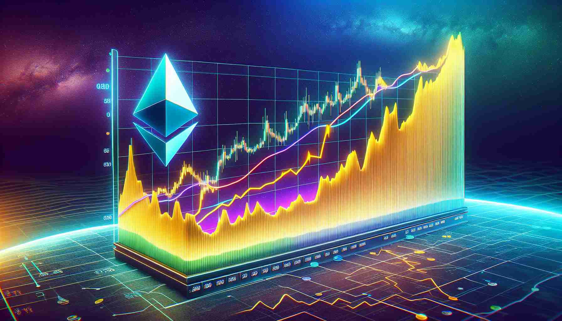 High-definition, realistic graph comparing the trading volumes of Solana and Ethereum in terms of decentralized exchange (DEX) activity. Display a clear visual uptick in Solana's part as it surpasses Ethereum's volume. Make the graph easy-to-read, with Solana and Ethereum distinguished by different colors. Include a timeline below the graph to provide reference to the time period of this event.