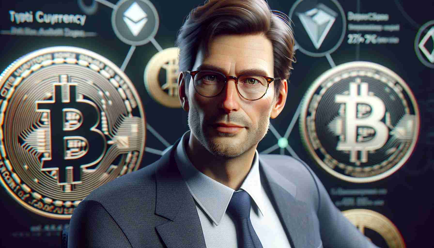 A realistic HD photo of a middle-aged Caucasian male, with glasses and receding brown hair, weighing in on crypto currencies at a tech seminar. He's distinguished, poised and knowledgeable, wearing a business casual attire with a confident expression on his face as he discusses modern currency.