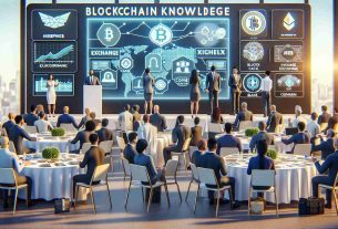 Realistically detailed HD illustration of a conference setting in the Philippines, displaying tables covered in informative blockchain material. Display boards in the background have emblems and diagrams symbolizing the exchange platform, CoinEx. A few attendees are engaging in discussions, while a keynote speaker on stage presents about blockchain knowledge and its potential impact. There are constituents of various genders and descents present in the image, including Hispanic, Caucasian, Middle-Eastern, Black, and South Asian individuals.