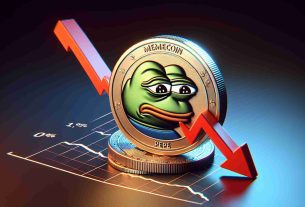 High definition, realism-style rendering of a hypothetical digital currency named 'Memecoin PEPE' symbol dropping down dramatically by over 10% within a week. The image should show a graph chart with a red arrow pointing downwards, indicating the loss in value.