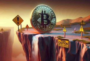 A hyper-realistic image in HD quality showing an abstract representation of caution being advised for investors due to the potential drop in the value of Bitcoin. Perhaps show a symbolic Bitcoin at the edge of a steep cliff with warning signs around, depicting the danger. Avoid showing human characters to shift the focus on the metaphor of the potential drop. The setting could be tense and dramatic to reflect the critical financial scenario.