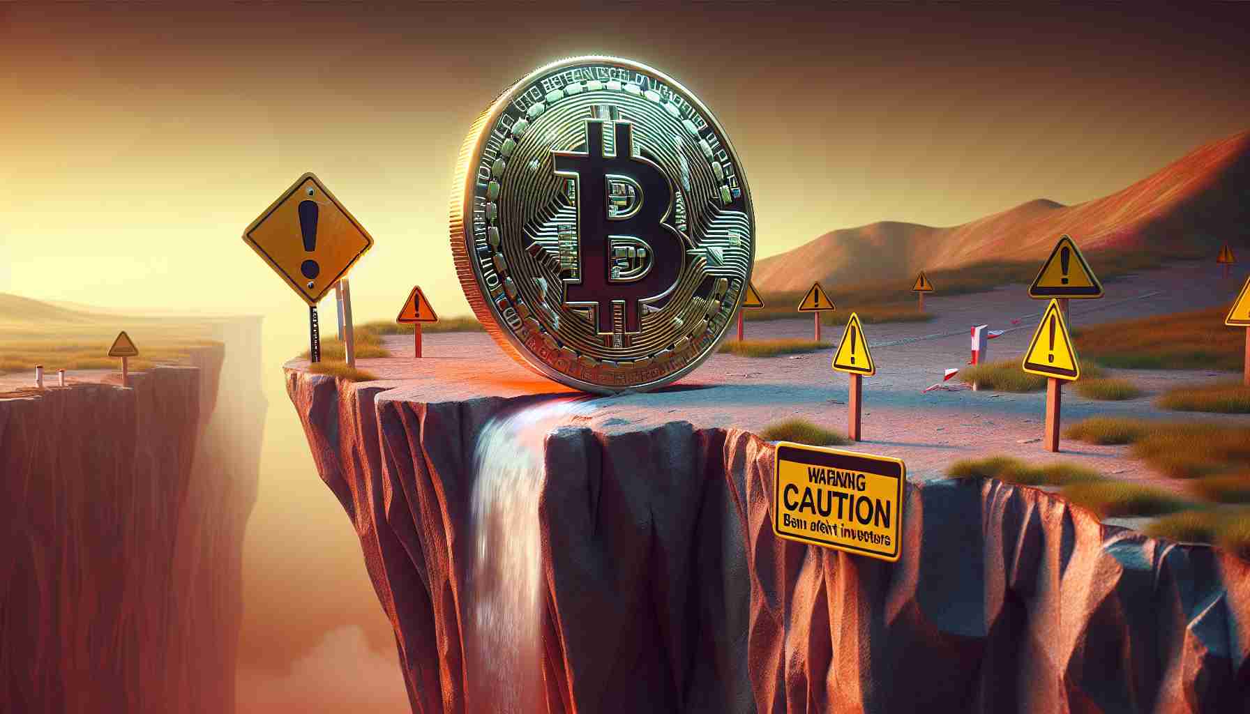 A hyper-realistic image in HD quality showing an abstract representation of caution being advised for investors due to the potential drop in the value of Bitcoin. Perhaps show a symbolic Bitcoin at the edge of a steep cliff with warning signs around, depicting the danger. Avoid showing human characters to shift the focus on the metaphor of the potential drop. The setting could be tense and dramatic to reflect the critical financial scenario.