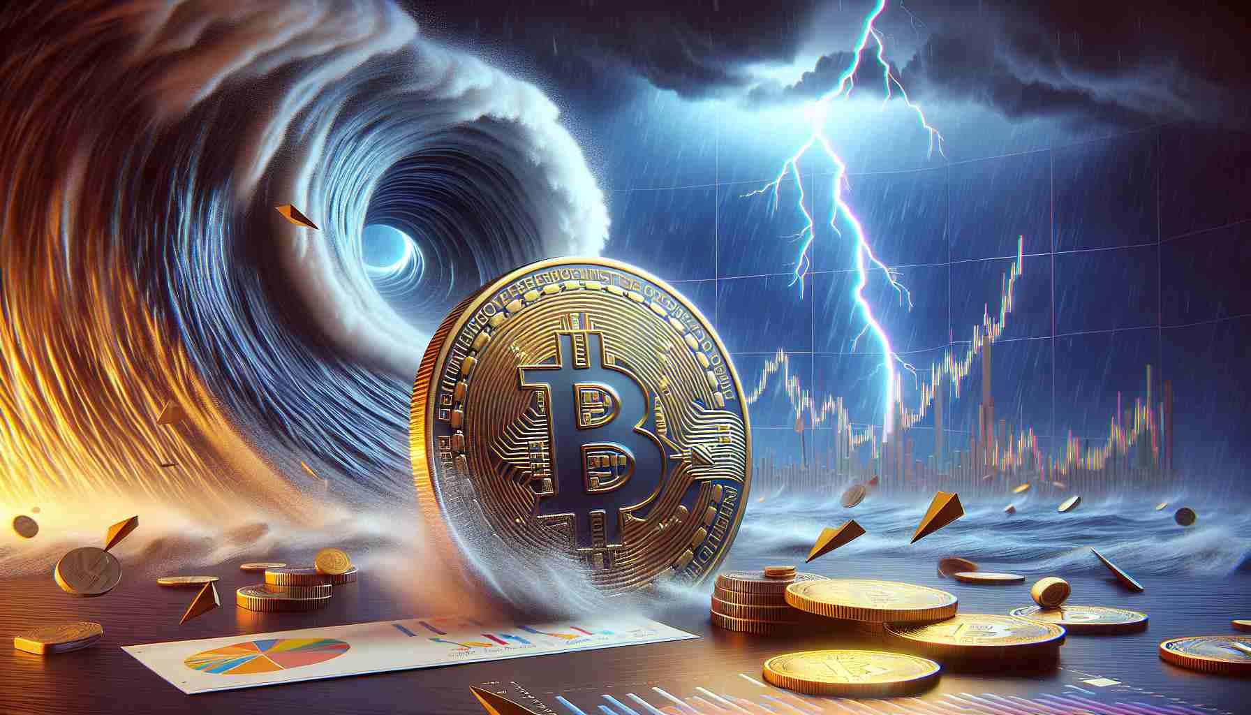 Depict a scene that symbolizes the resilience of cryptocurrencies amidst market turbulence. In the foreground, there should be a coin engraved with familiar cryptocurrency symbols demonstrating stability despite the intense winds symbolizing economic fluctuations. In the background, demonstrate an intense storm symbolizing the turbulent market. Within the storm, show some graphs and charts to represent the constant change in market values, however, make sure the coin remains untouched. Render these elements in real-life detail and high-definition resolution.