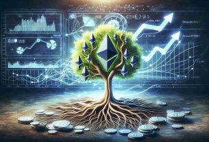 A highly detailed and realistic illustration of conceptual elements representing Ethereum's future growth potential. The visual metaphor might include a strong, thriving tree with Ethereum logo leaves, the currency's blockchain structure intertwined in the roots, and perhaps graphs or charts showing a rising trend and projections in the background. The overall image conveys a sense of optimism and potential for Ethereum's performance in the future.