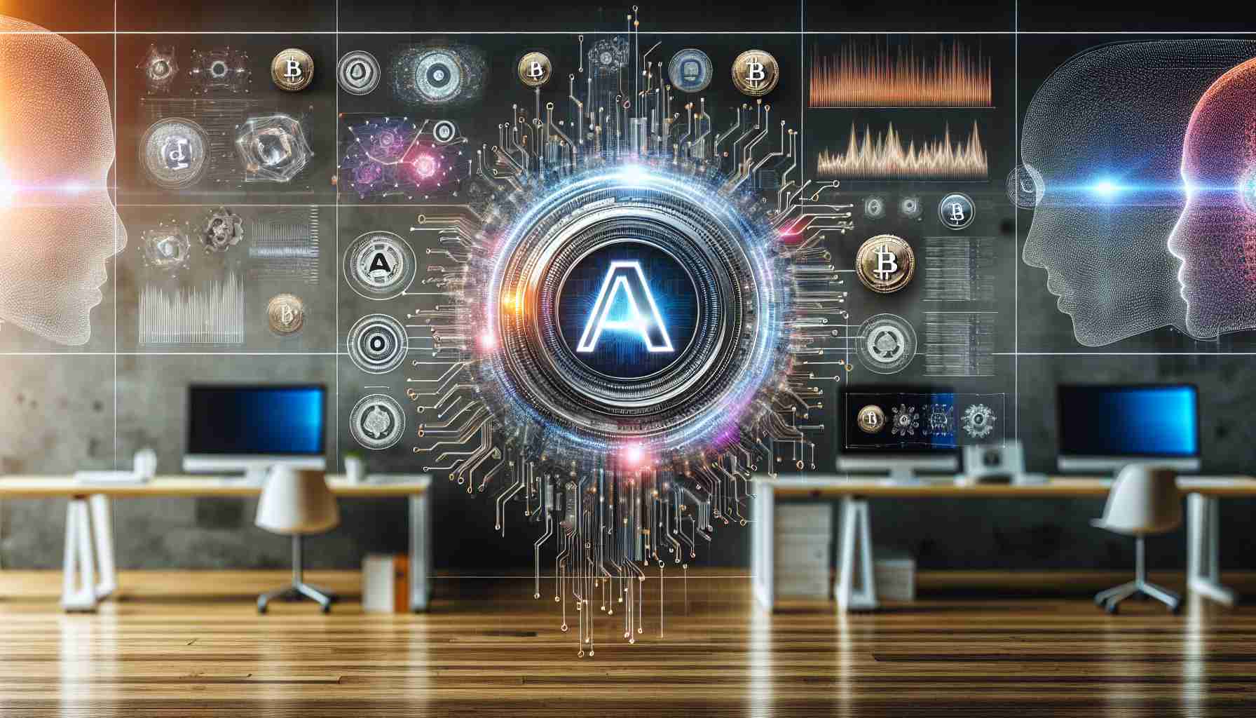 Generate a detailed, high-definition image showing an exhibit focused on Artificial Intelligence (AI) in the field of cryptocurrencies. The exhibit radiates a strong sense of growth and momentum. Display various components like graphs, binary codes, AI-themed infographics, cryptocurrency symbols, and futuristic technology imagery to represent this cutting edge topic.