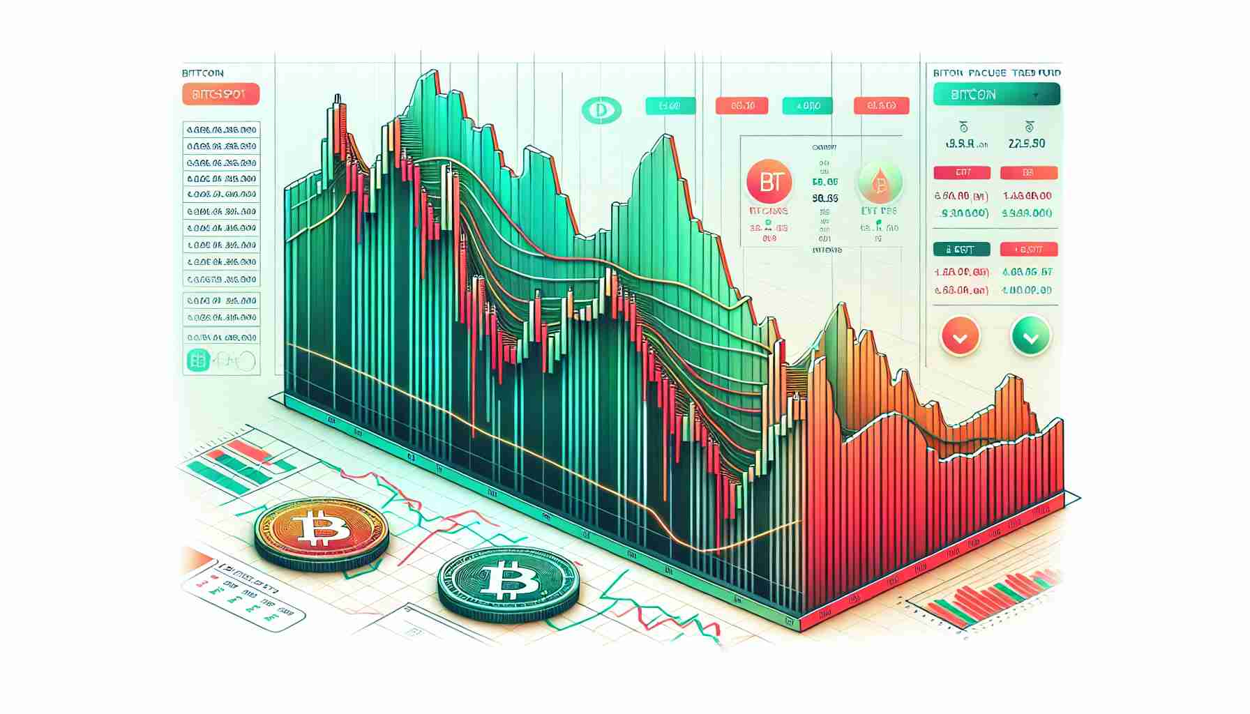 Generate a realistic, high-definition image that represents activity of Bitcoin Spot Exchange Traded Fund (ETF) facing recent price challenges. The image should visualize a down-trending line chart depicting fluctuations in the value of Bitcoin, using reds for declines and greens for rises. It also includes elements like the Bitcoin logo, ETF text, and appropriate financial and data indicators. Remember to keep it abstract and do not include any personal or sensitive information.