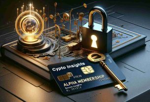 A highly detailed and realistic image representing the concept of unlocking exclusive insights with a hypothetical Alpha Membership in a cryptocurrency site. The image includes visual metaphors such as a golden key in the act of unlocking a shiny padlock which is attached to a closed book entitled 'Crypto Insights,' also, a sleek dark metallic card with the words 'Alpha Membership' inscribed on it.