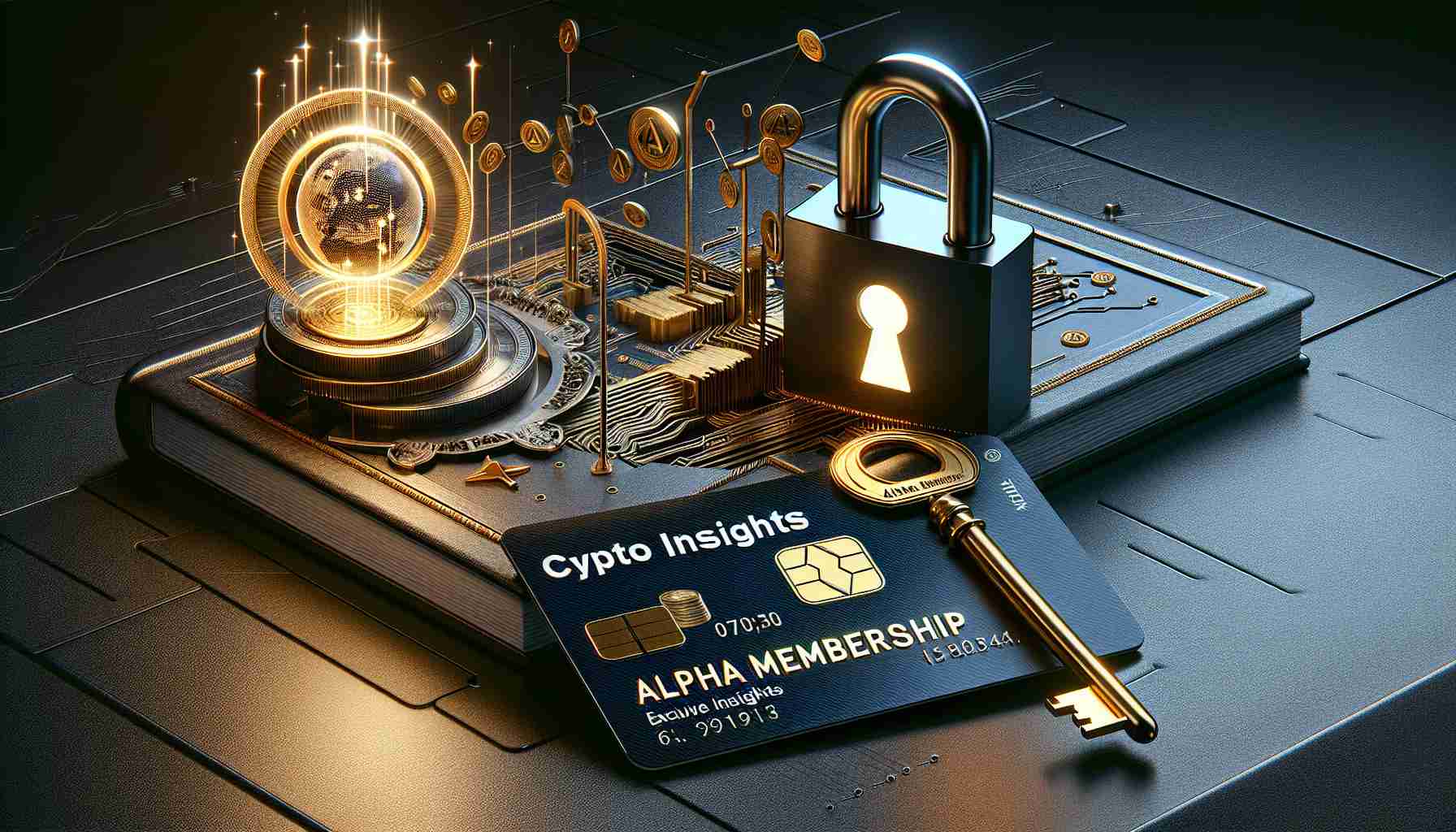 A highly detailed and realistic image representing the concept of unlocking exclusive insights with a hypothetical Alpha Membership in a cryptocurrency site. The image includes visual metaphors such as a golden key in the act of unlocking a shiny padlock which is attached to a closed book entitled 'Crypto Insights,' also, a sleek dark metallic card with the words 'Alpha Membership' inscribed on it.