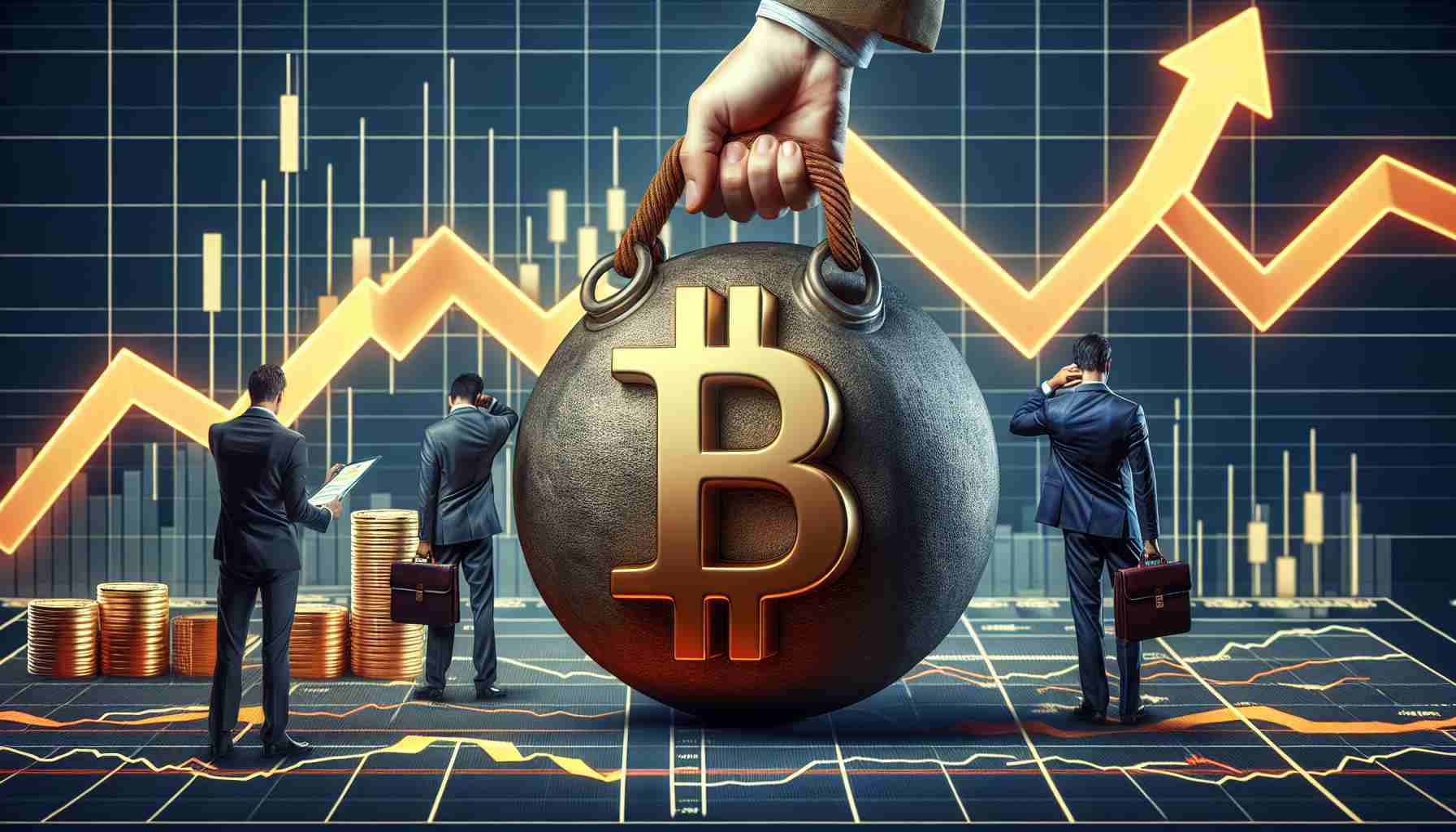 Generate a realistic high-definition image illustrating the concept of Bitcoin experiencing significant market pressure amidst a pullback. The image could feature a downward trending line chart representing the Bitcoin market with the symbol 'BTC' prominent. Pressure may be depicted by a large, heavy weight resting on the symbol, suggesting market pressure. Optional indicators could include figures in business attire appearing stressed or concerned, analyzing the situation.