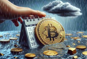 A realistic, high-definition visual representation of optimism persisting for a virtual currency symbolized by a gold coin with the letter 'B', despite implications of a challenging month depicted by a calendar set on June, gray clouds, rainfall, and other symbols of hardship.