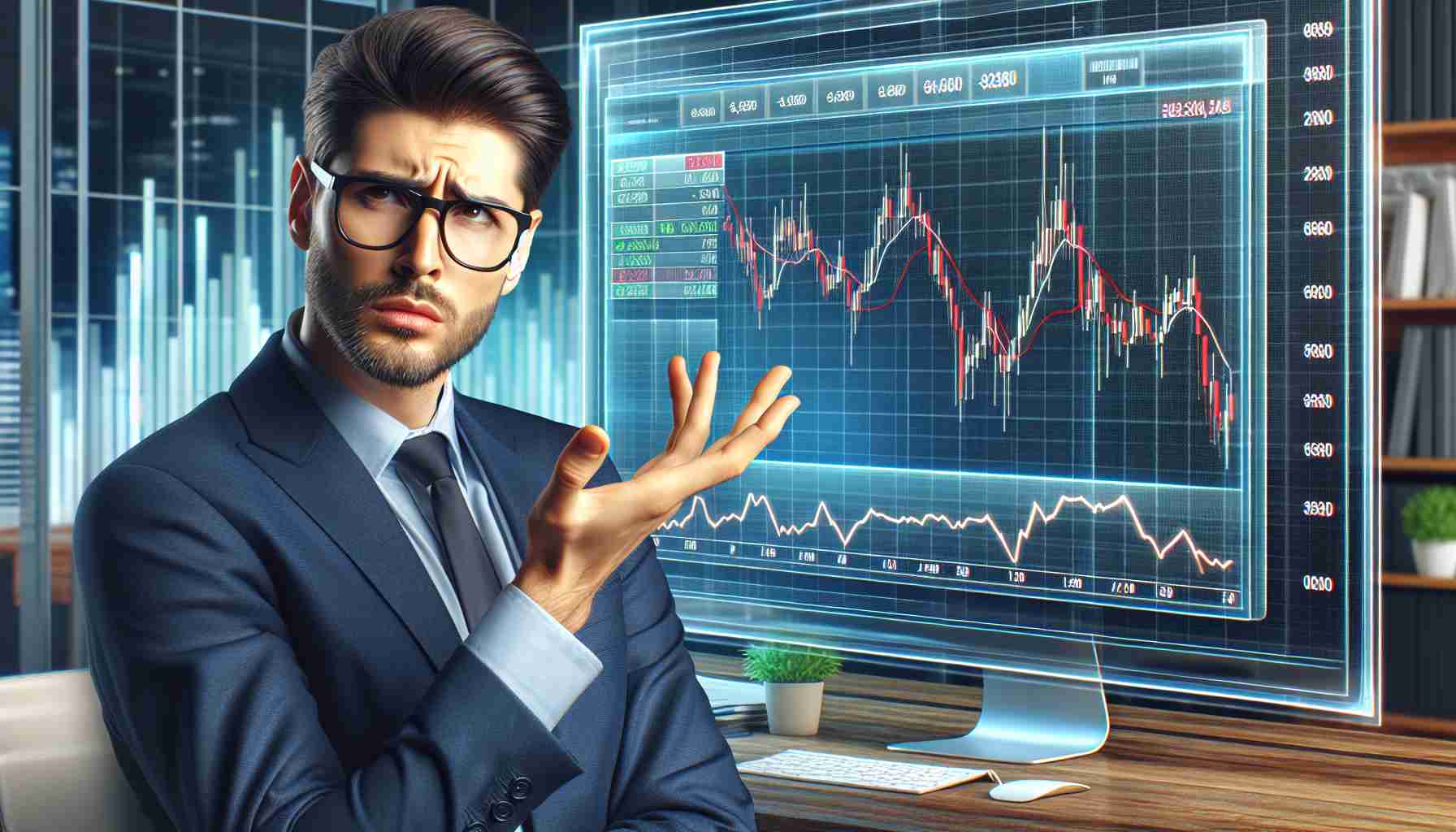 A high resolution, realistic illustration of a confident business executive looking puzzled or intrigued, with a digital screen displaying a graph showing stagnant market performance for a generic cryptocurrency.