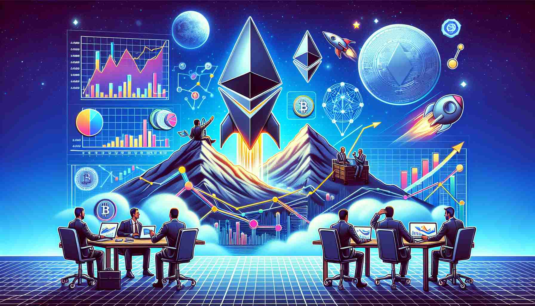 Create a high-definition, visually engaging digital image that represents the concept of Ethereum predicted to reach a new peak. The image can include visual metaphors such as a rocket launching or a mountain peak, and should also include aspects of finance and market analysis, such as graphs showing rising trends and financial analysts observing and predicting the rise. Please avoid any bias, manipulative or misleading elements.