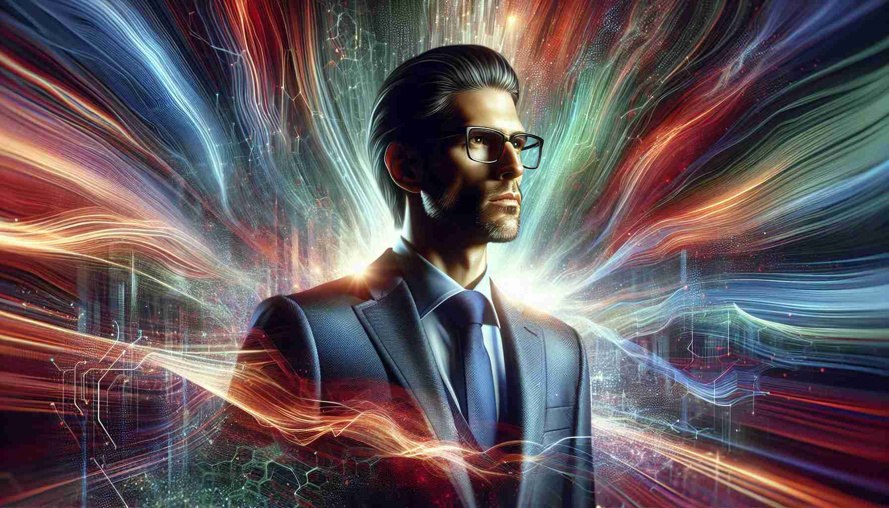 Create a hyper-realistic, high-definition digital painting of a Silicon Valley executive, known for leading a popular social networking platform, who is signaling the dawn of an innovative era in the realm of financial transactions. Render the executive as a middle-aged man with glasses, in a well-tailored suit, against a dynamic background reflecting the vibrancy and flux of the digital economy.