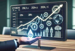 A high-definition, realistic image showcasing the potential growth for the Ethereum ETF market by 2025. The depiction should include a visually engaging line chart or bar graph representing the growth trajectory from the present year until 2025. The graph can be displayed on a digital screen or whiteboard for more contextual relevance, and potentially be accompanied by figures, statistics, and percentages that forecast and highlight the Ethereum ETF market's possible expansion.