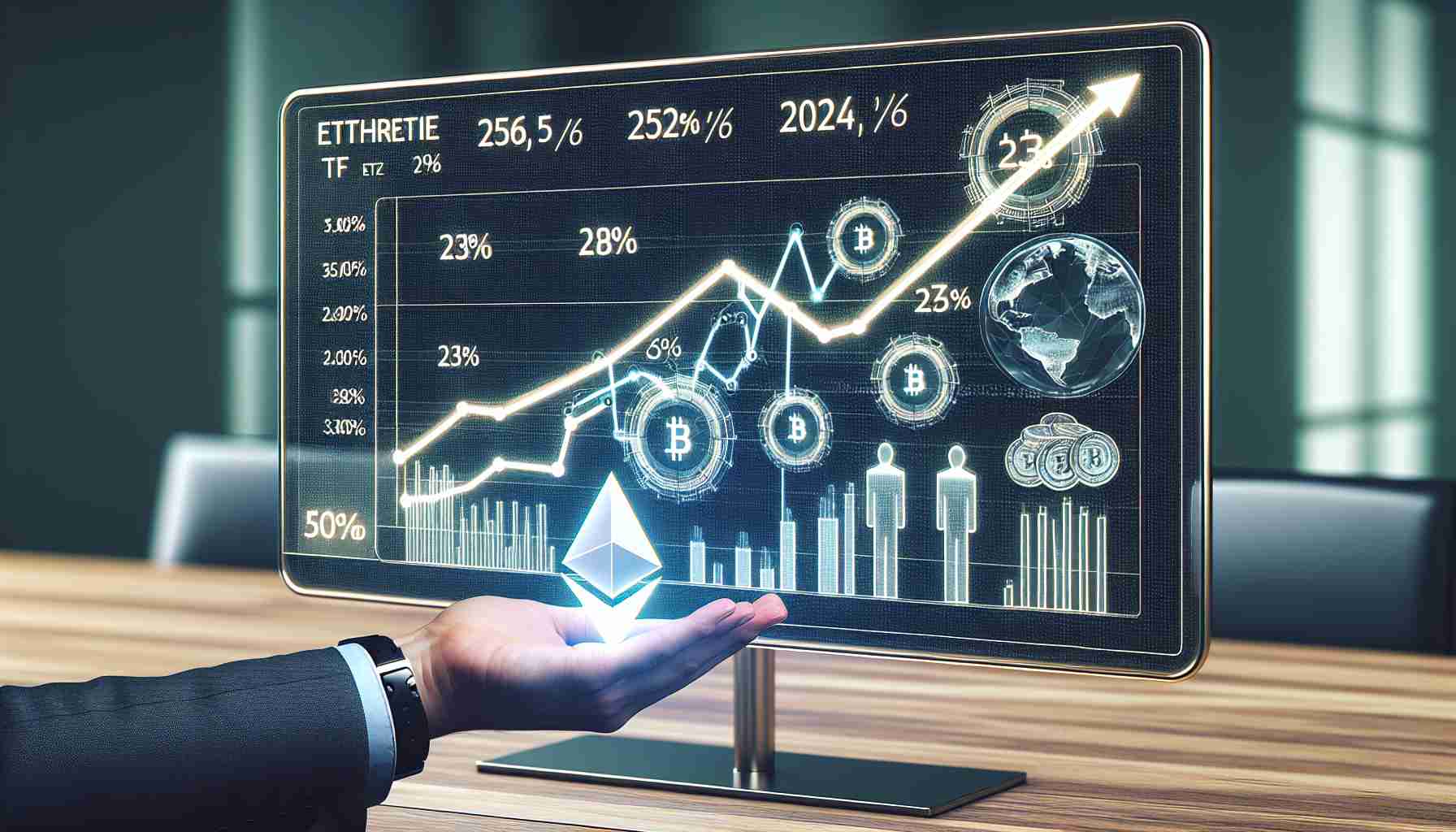 A high-definition, realistic image showcasing the potential growth for the Ethereum ETF market by 2025. The depiction should include a visually engaging line chart or bar graph representing the growth trajectory from the present year until 2025. The graph can be displayed on a digital screen or whiteboard for more contextual relevance, and potentially be accompanied by figures, statistics, and percentages that forecast and highlight the Ethereum ETF market's possible expansion.