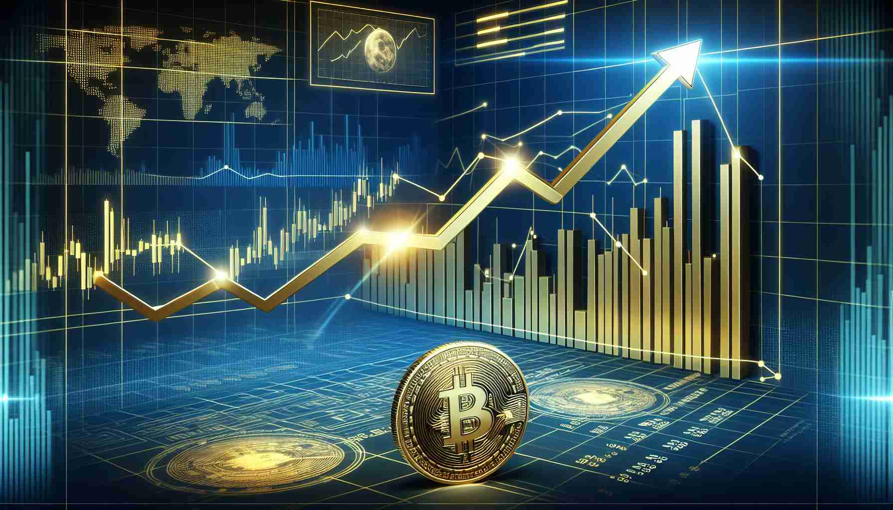 Design a realistic, high-definition image depicting a metaphorical representation of a generic cryptocurrency soaring upwards, indicated by a graph with an upward trajectory, even though the overall crypto market is experiencing a downturn, shown by a background of downward-trending graphs.