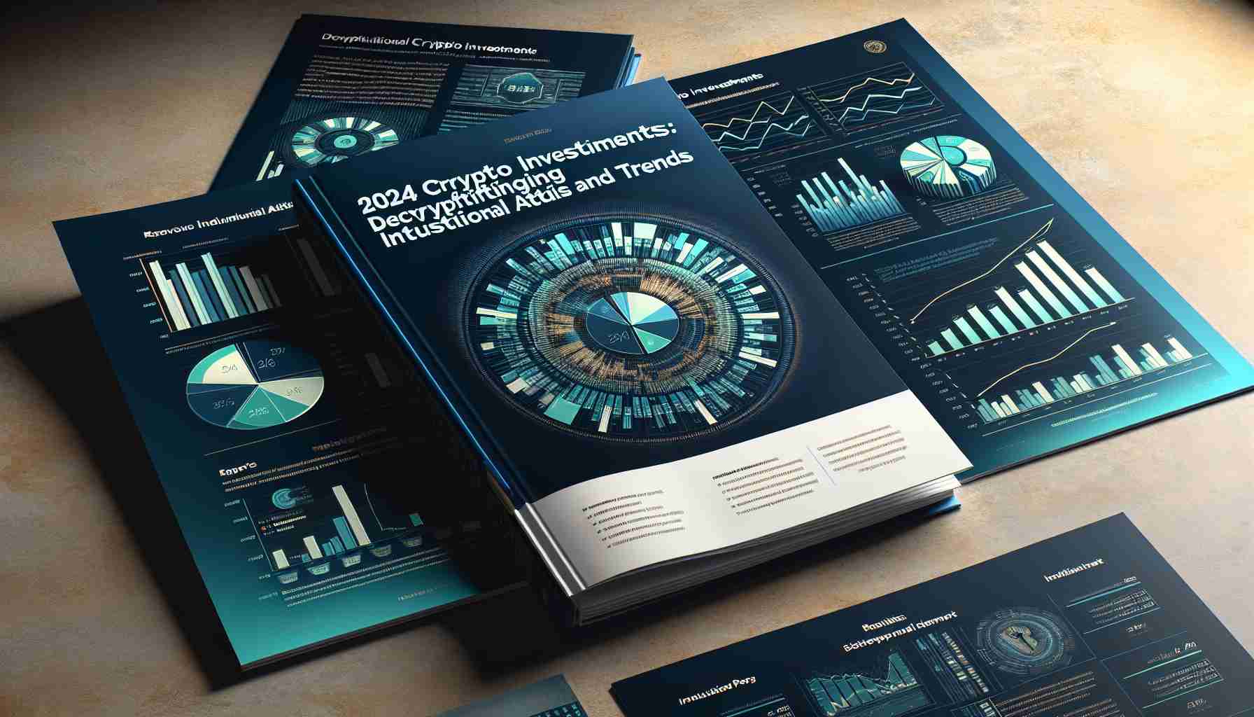 Create a realistic high-definition image of a research report titled '2024 Crypto Investments: Decrypting Institutional Attitudes and Trends', featuring pie charts, bar graphs, and line graphs detailing the current trends and attitudes within institutional crypto investment. The report cover appears professional with a sleek design using shades of blue and green. The interior pages are open, revealing intricate charts and analysis.