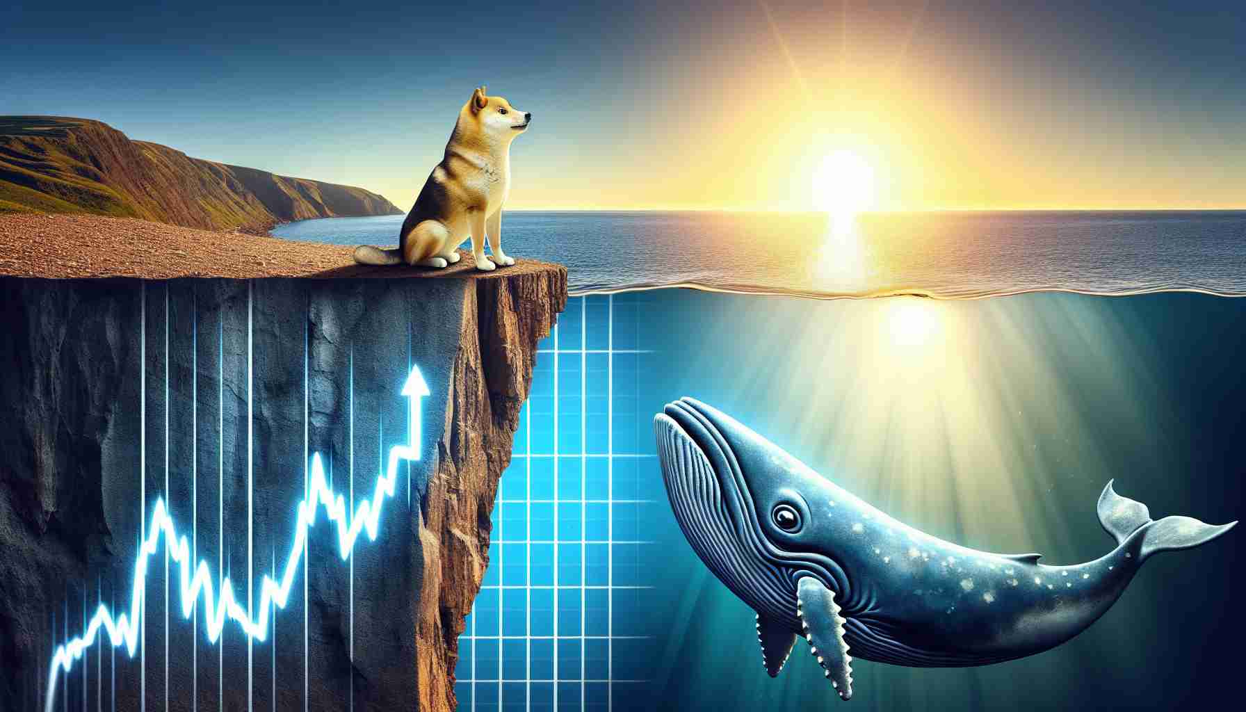 An image showcasing the concept of 'The Dynamics of Dogecoin' represented as a realistic visual metaphor. On one side, the Dogecoin mascot is depicted standing on the edge of a steep cliff (representing price dips). The cliff face is etched with downward pointing graphs, symbolizing recent market drops. On the other side, a large whale, a symbol for large investors, swims optimistically in the calm sea beneath, its eyes fixated on a bright, rising sun in the distance. This implies the optimism among 'whales'. The image possesses the quality and clarity of a HD photo.