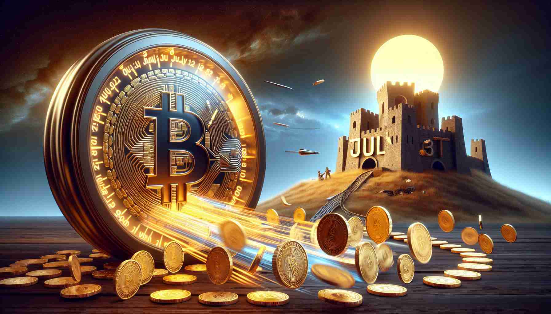 Create a hyper-realistic, high-resolution image symbolizing the month of July, represented by a sun standing high in the sky. Overlay this with a scene depicting a large digital clock, its hands spinning rapidly to suggest fast forward time. In the foreground, place a metallic gold Bitcoin slowly transferring itself into hundreds of miniature golden coins, representing repayment. The coins should be directed towards an imposing fortress with the letters 'M.G.C' inscribed on it, symbolizing the return of credits. Add a sense of optimism and relief to the scene.