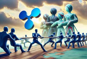 Create a high-definition, realistic image of the concept of Ripple's XRP cryptocurrency engaging in a metaphorical tug of war with abstract personifications of market tensions. The scene should be on the brink of a decisive point, indicative of important changes or shifts.