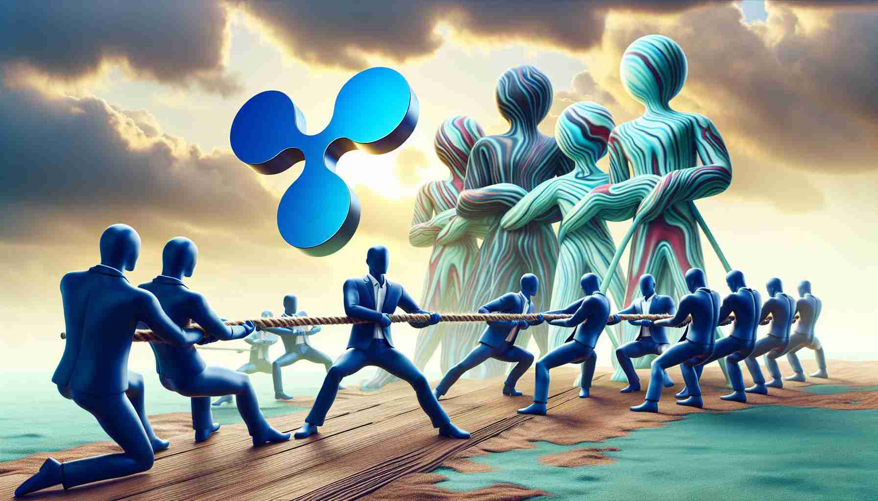 Create a high-definition, realistic image of the concept of Ripple's XRP cryptocurrency engaging in a metaphorical tug of war with abstract personifications of market tensions. The scene should be on the brink of a decisive point, indicative of important changes or shifts.