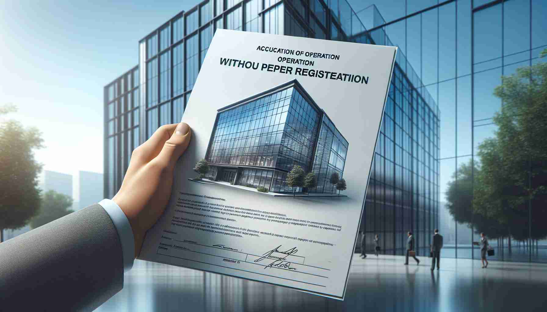 A realistic high-definition image of a generic legal documentation titled 'Accusation of Operation Without Proper Registration' attributed to a generic regulatory body. In the background, there's a modern glass-skinned office building suggesting a high-tech business environment.