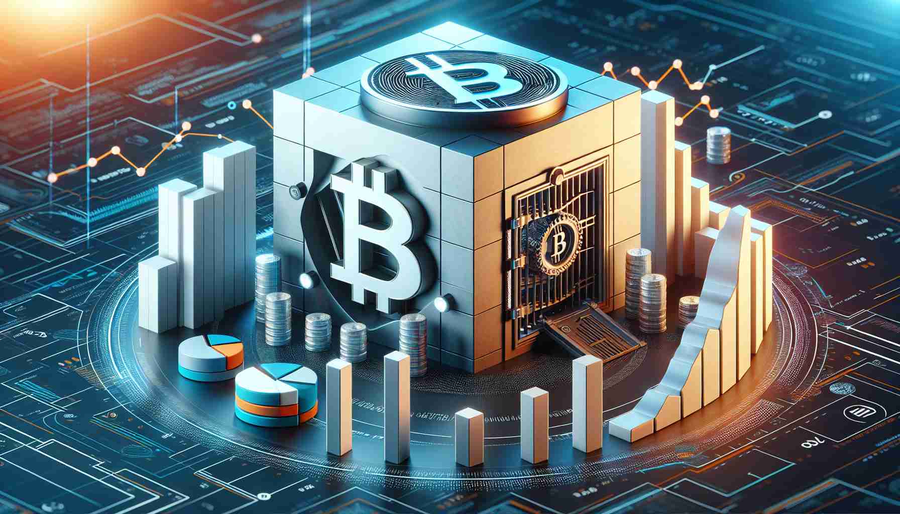 Realistic, high-definition image of a symbolic representation that signifies the dominance of a hypothetical cryptocurrency storage and exchange platform in the market of Bitcoin custody. The image could involve a large, stylized warehouse or vault with the company's abstract logo. This could be surrounded by smaller rival logos to symbolize their leading position. Pie or bar graphs depicting market share could also be prominently displayed, all set in a futuristic digital landscape.