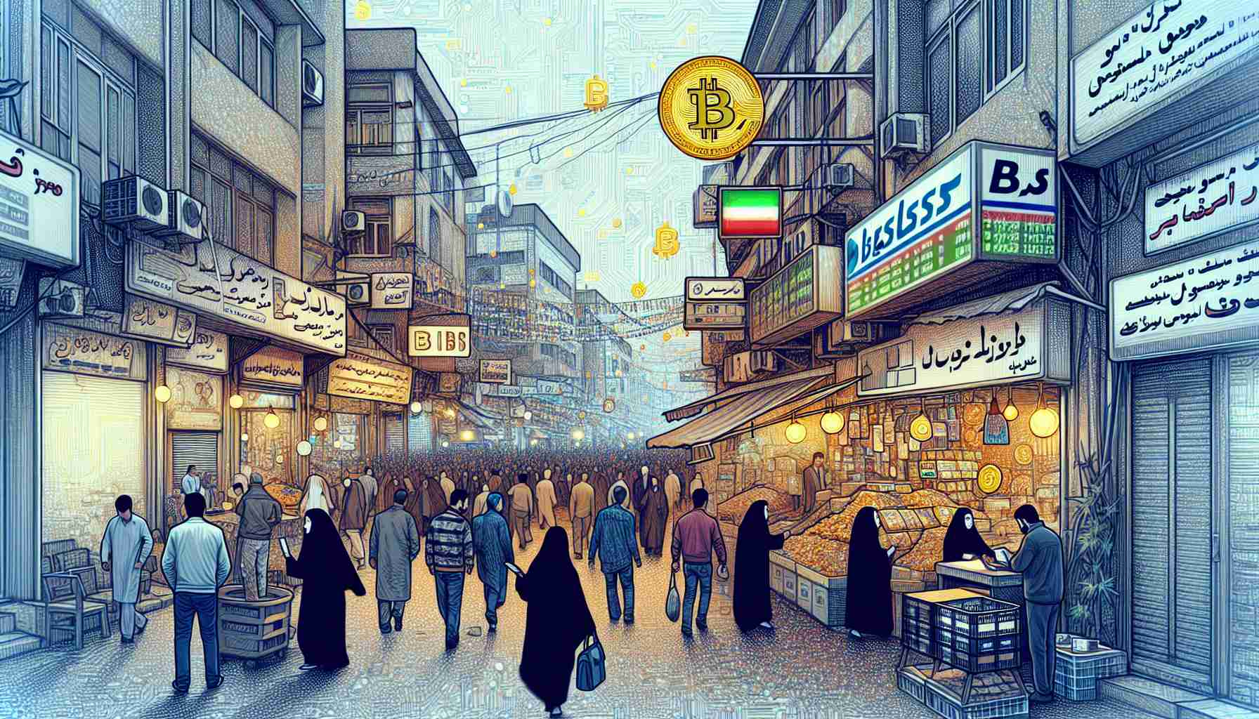 Generate a highly detailed drawing of bustling city streets in Tehran, illustrating the fervor of cryptocurrency. Display a variety of inhabitants excitedly discussing this new trend. Show currency exchange signs showcasing cryptocurrency prices. Convey a sense of economic strain visible in the backdrop - worn-out buildings, closed shops or subtle signs of financial hardship. Ensure a multitude of scenes reflecting the daily life of Iranians against the digital rush.