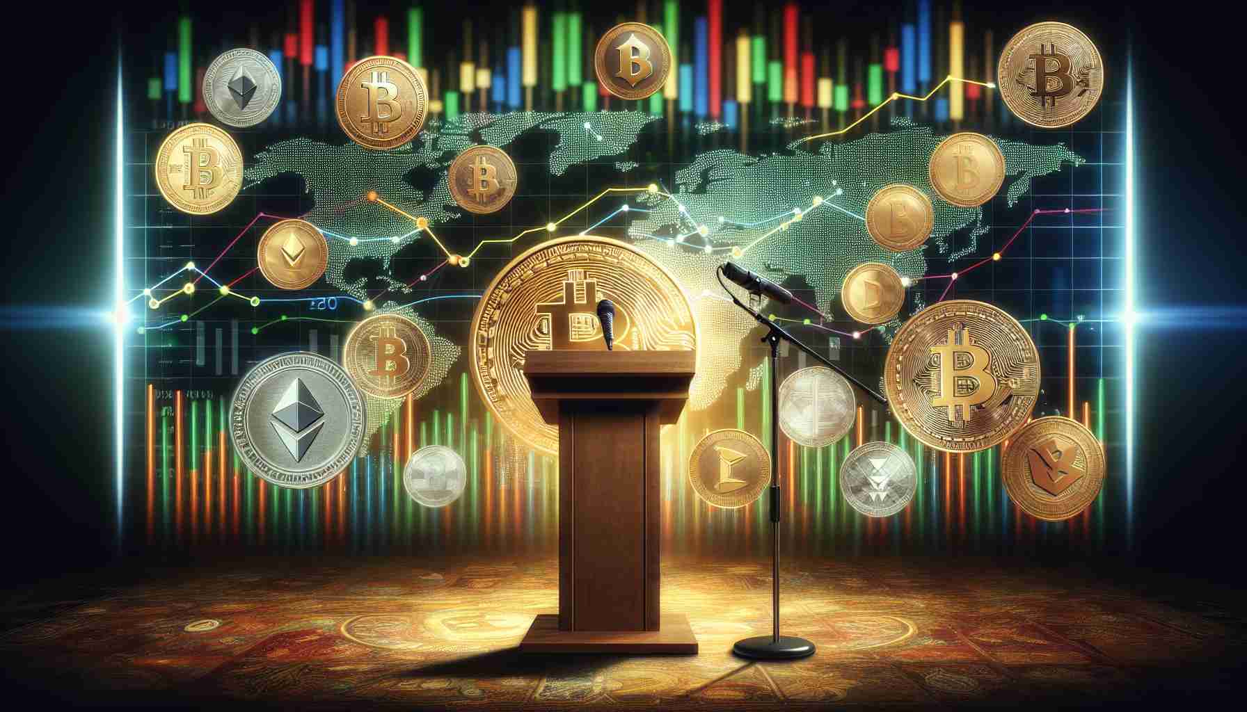 A realistic, high-definition image of a vibrant and resilient cryptocurrency market. It should depict financial charts and graphs indicating success and growth, surrounded by various digital coins symbols. This resilience is despite being overlooked in a recent debate amongst politicians. The context of the political neglect can be expressed by an empty podium or microphone, symbolic of the topic not being discussed.