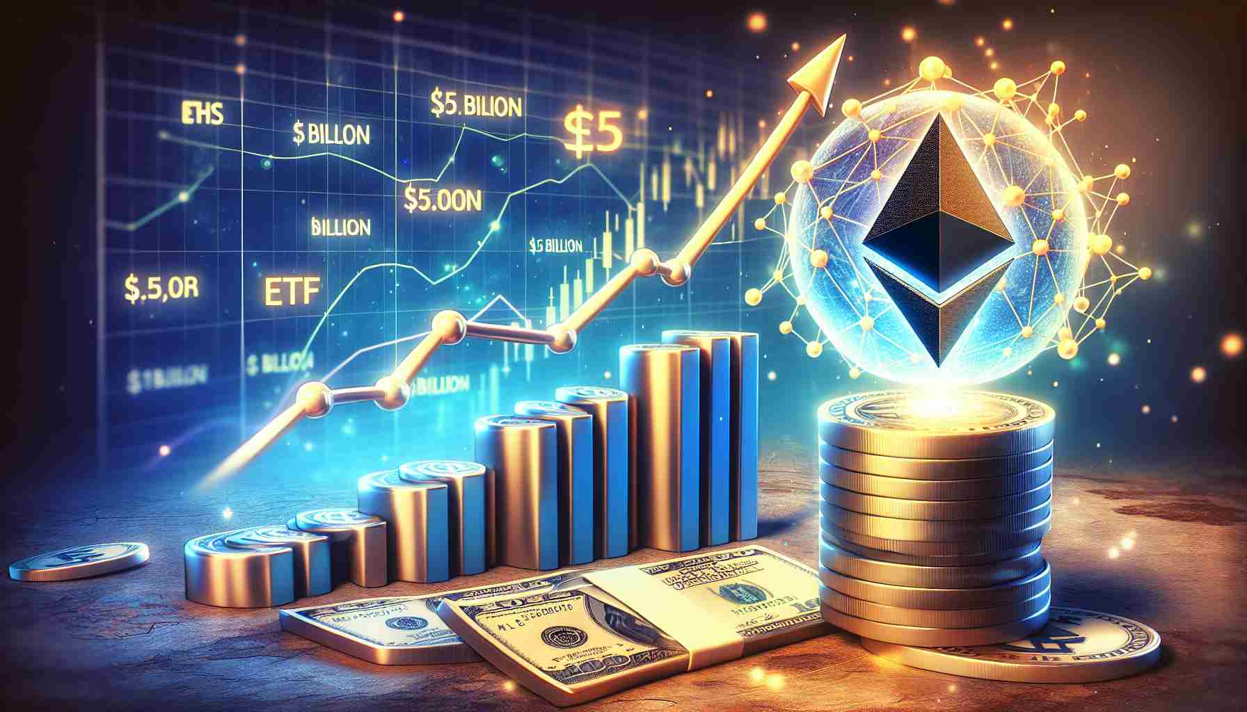 Create an HD quality hyperrealistic visual interpretation of the growth potential of Ethereum ETFs, symbolized by a graph climbing upwards, showing a potential inflow of $15 billion. The image should imagine this financial concept in a tangible and visually appealing way.