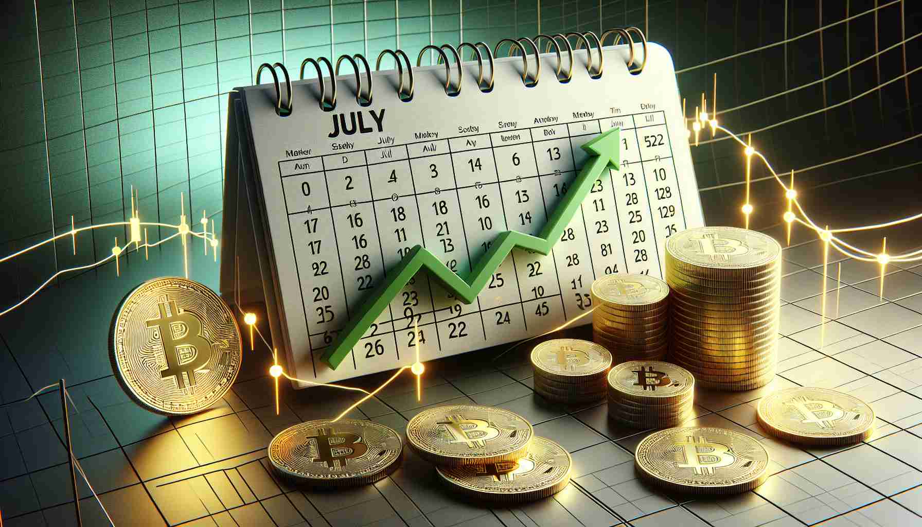 A high-definition, realistic representation of the concept of a potential revival of Bitcoin in July, as suggested by market trends. Display a calendar page set to July with a line graph illustrating upward-trending values superimposed on it. The graph should have a green line indicating positive growth, a grey grid background, and glossy, golden Bitcoin icons scattered around, giving an impression of prosperity and positive momentum.