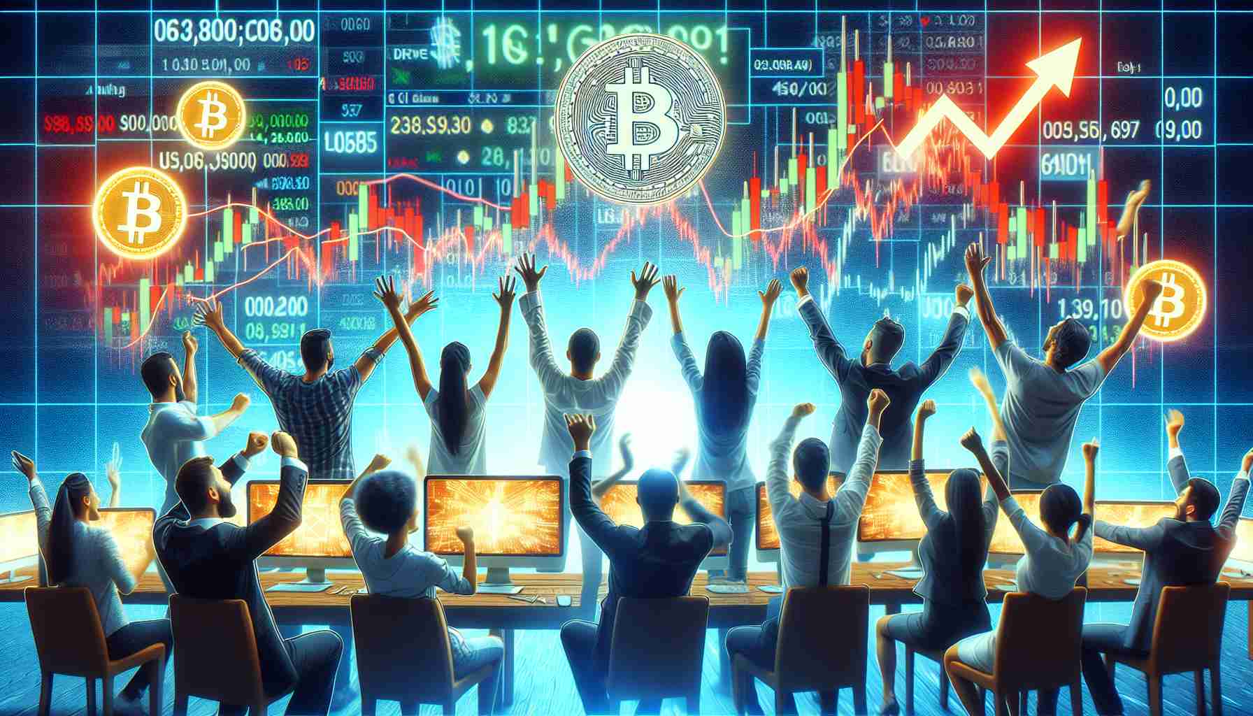 A high-definition, realistic picture of a group of enthusiastic cryptocurrency enthusiasts cheering and displaying joy, with a backdrop of computer screens displaying fluctuating crypto values. Amidst a pricing glitch, their faith remains unshaken and the atmosphere radiates hope and optimism.