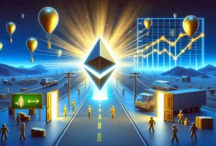 Generate a realistic, high-definition image depicting the concept of a breakthrough in Ethereum gas fees ushering in new opportunities. The image should be dynamic, symbolized by a radiant, glowing Ethereum logo. Around it, show symbolic elements such as doors opening, roads widening, or balloons rising, which represent the idea of new opportunities; and financial charts or graphs on the rise, indicating the increased affordability and accessibility of transactions on the Ethereum blockchain.