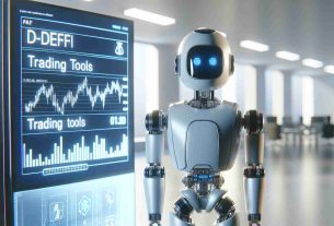 Generate an HD image with a realistic design of a non-humanoid robot with a friendly demeanor. This robot should be introducing an array of futuristic, AI-enabled financial trading tools. The setting is clean and modern, showcasing advanced technology in action. On a display panel near the robot, show the terms 'DeFi' and 'Trading Tools' prominently.