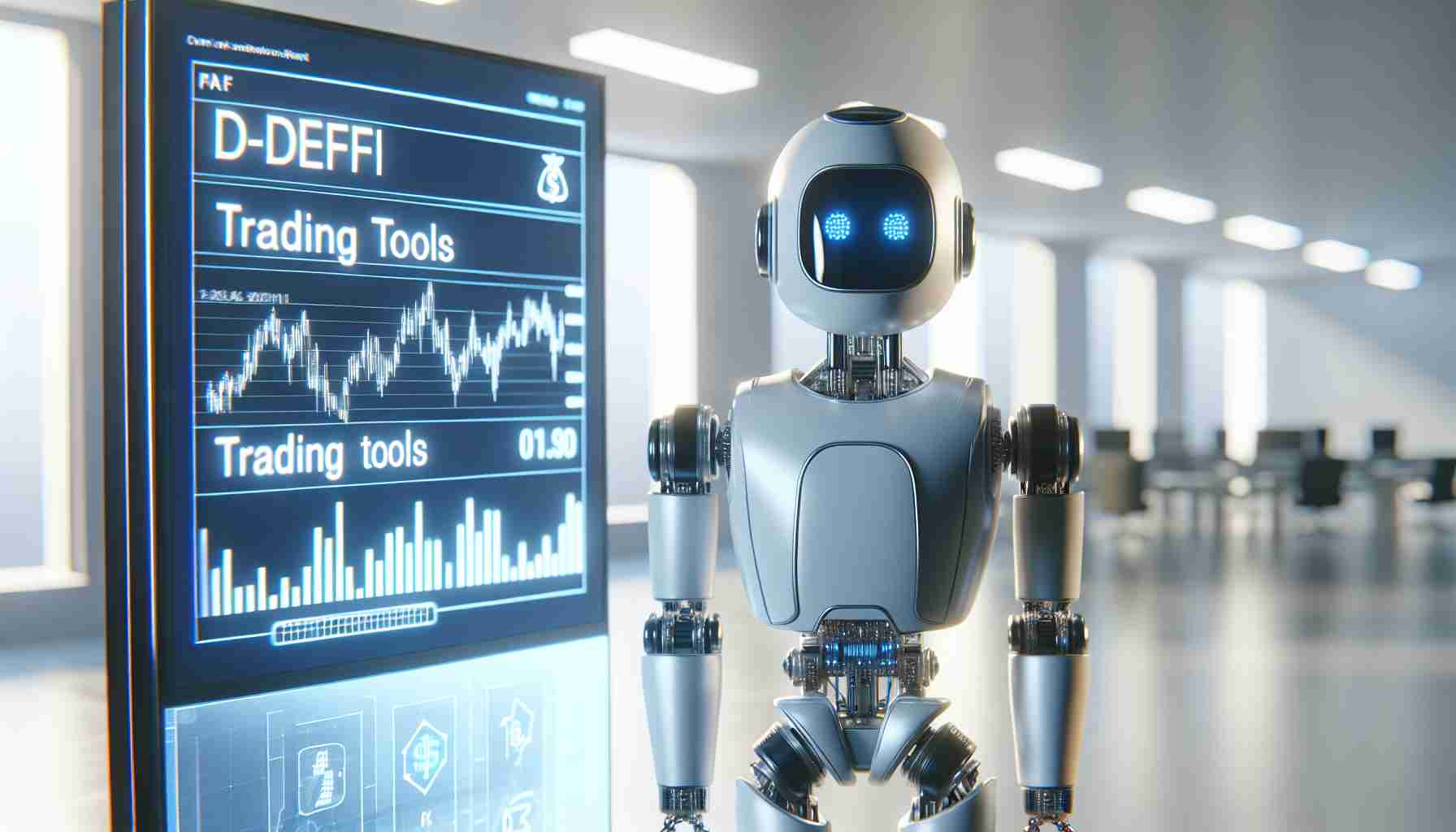 Generate an HD image with a realistic design of a non-humanoid robot with a friendly demeanor. This robot should be introducing an array of futuristic, AI-enabled financial trading tools. The setting is clean and modern, showcasing advanced technology in action. On a display panel near the robot, show the terms 'DeFi' and 'Trading Tools' prominently.