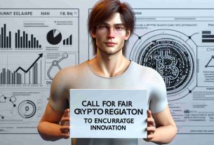 Realistic high-definition image of a generic young Caucasian man, with slightly long straight brown hair and glasses, holding a sign that says 'Call for Fair Crypto Regulation to Encourage Innovation'. He is wearing a casual t-shirt and standing against a backdrop of a finance-related schematic or a futuristic tech-inspired environment.