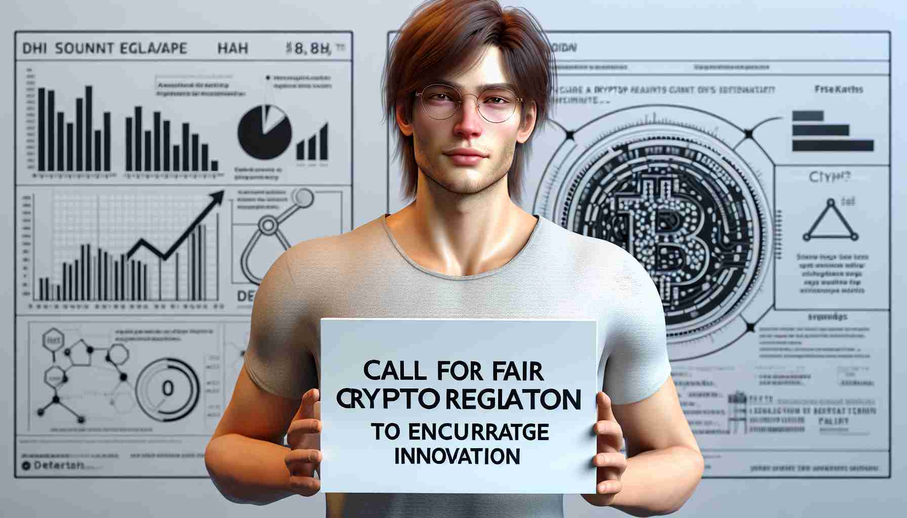 Realistic high-definition image of a generic young Caucasian man, with slightly long straight brown hair and glasses, holding a sign that says 'Call for Fair Crypto Regulation to Encourage Innovation'. He is wearing a casual t-shirt and standing against a backdrop of a finance-related schematic or a futuristic tech-inspired environment.