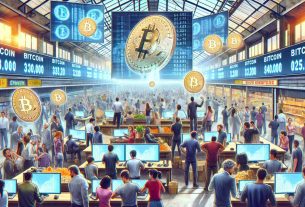 Depict a high-definition, realistic image of a bustling market, where the focus is on the enthusiasm around Bitcoin. Visualize people of various descents like Caucasian, Hispanic, Middle-Eastern, Black, and South Asian huddled over electronic devices, actively transacting and discussing Bitcoin. Also, portray some significant Bitcoin purchases being made in the background by displaying large screens showing rapid increases in Bitcoin prices. Intersperse symbols of Bitcoin throughout the scene to emphasize the theme. The atmosphere should be one of excitement, suspense, and anticipation.