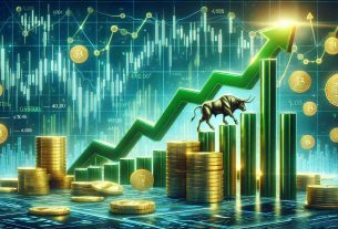 Create a high-definition, realistic image representing the bullish possibility of the cryptocurrency XRP. The image should depict a potential reversal in the near future, perhaps visualized as a rising stock chart with green candlesticks in a positive and upward momentum. Include themes of prosperity and financial success, such as gold coins, a bull (symbolizing bullish markets), and upward arrows.