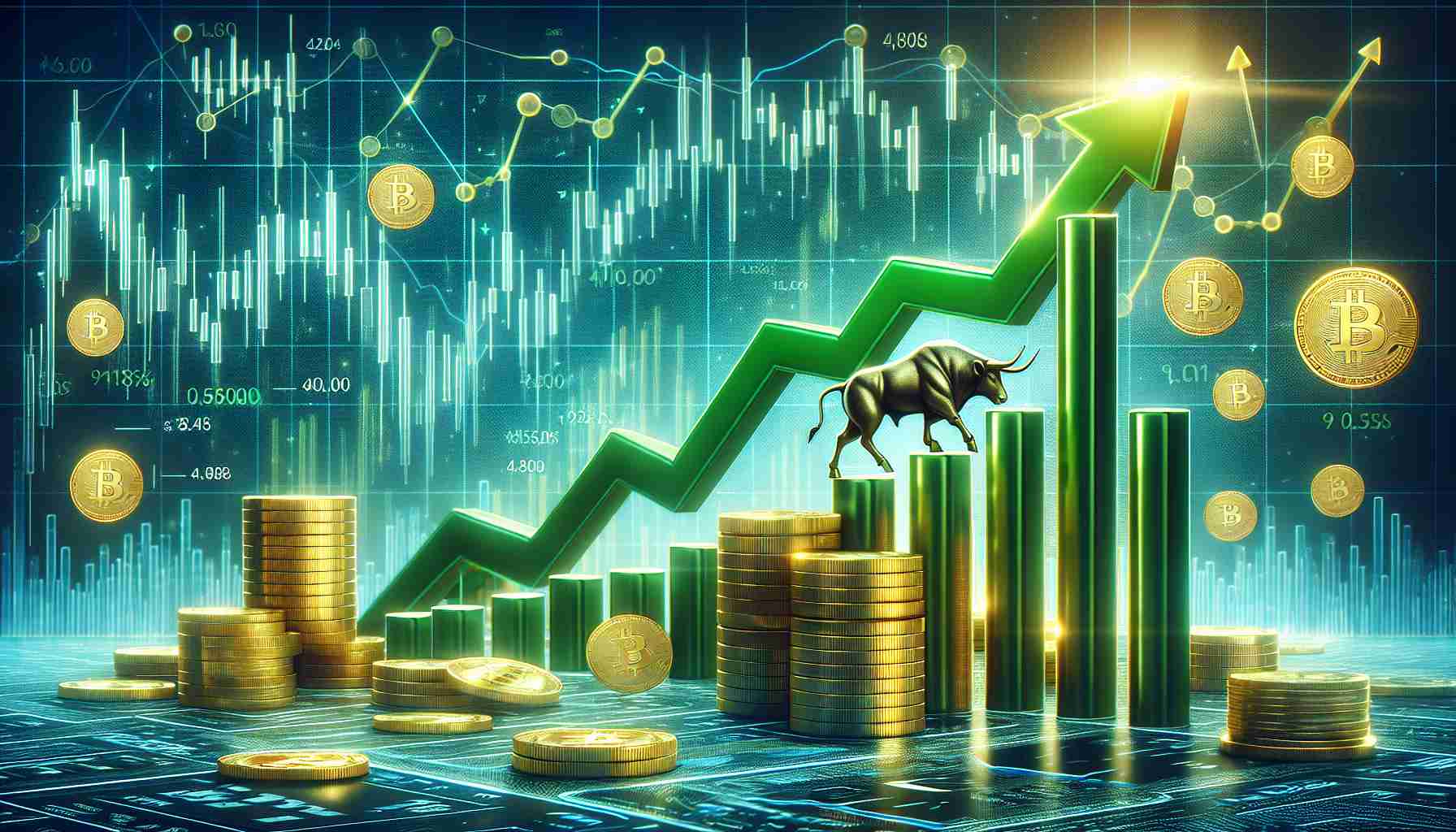 Create a high-definition, realistic image representing the bullish possibility of the cryptocurrency XRP. The image should depict a potential reversal in the near future, perhaps visualized as a rising stock chart with green candlesticks in a positive and upward momentum. Include themes of prosperity and financial success, such as gold coins, a bull (symbolizing bullish markets), and upward arrows.