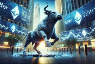 High definition realistic image portraying a metaphorical representation of the anticipation of Ether ETF approval in the U.S, symbolized by a bull signifying a bull market. The setting is a financial district with skyscrapers in the background. The bull statue, made up of digital pixels, stands prominent in the foreground, energetically poised as if ready to charge. Hovering above it, a digital screen displays symbols of Ether cryptocurrency. The atmosphere is filled with anticipation and energy, signifying the potential impact of the approval on the market.