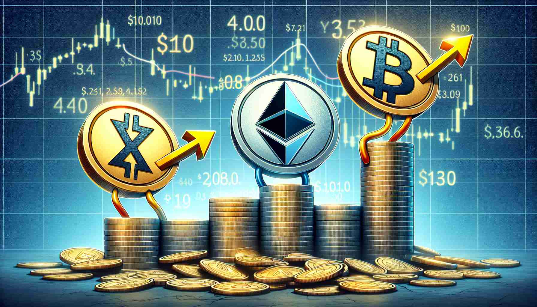 High definition image depicting the scenario of crypto market analysis. It shows distinct symbolic representations for three major cryptocurrencies. The first symbol, representing XRP, looks like it's anticipating a reversal, communicated through the symbol's precarious tilt on the brink of a U-turn. The second symbol belongs to Ethereum and it is steady and stable, showing strength and resilience. The third symbol, that of Solana, with its arrow-pointed tip, is eyeing a target of $150. Stacks of cryptographic coin graphics from the past and the future surround these symbols to give a complete depiction of the crypto market.